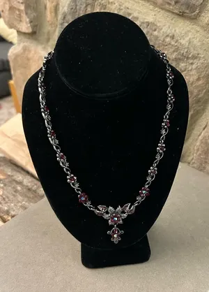 Jewelry Floral Garnet-Tone Crystal Necklace in Dark Silver Finish thumbnail 1