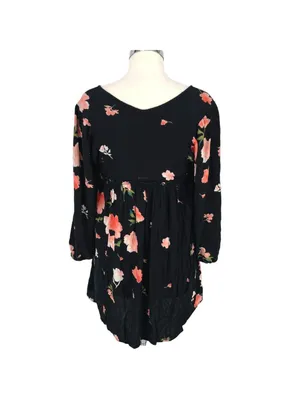 Billabong Beach Craze Floral Black Tunic Mini Dress Size Medium Boho Indie thumbnail 7