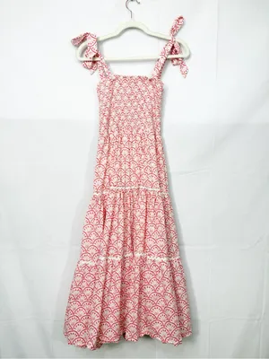 Mon Coco Lucy Convertible Smocked Tiered Maxi Midi Dress Red Vines Block Print thumbnail 4