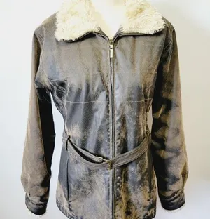 Big Chill distressed poly belted fur collar coat size medium thumbnail 1