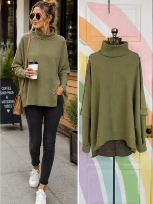 BKE Olive Green Waffle Knit Poncho Sweater Mock Neck Dolman Sleeve Sz S 💚🍄 thumbnail 2