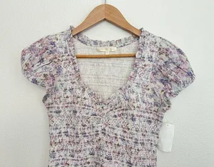 LOVESHACKFANCY Floral Smocked Mini Dress Puff Sleeve Asymmetric Ruffle Coquette thumbnail 7