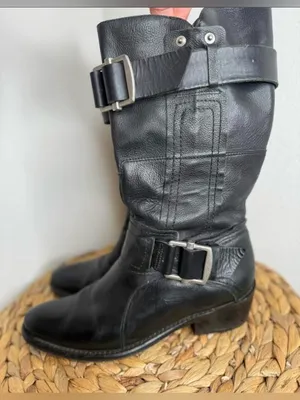 Vera Wang Boots lavender Moto boot Classic Black Leather Mid-Calf Buckle Heeled thumbnail 1
