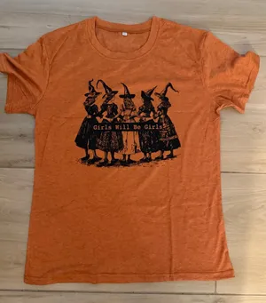 NEW Orange Witch Graphic “Girls will be Girls” Short Sleeve Tee Shirt M thumbnail 1