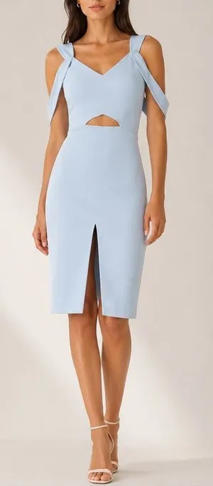 Elliatt Liberty Cornflower Blue Cold Shoulder Cocktail Wedding Guest Midi Dress thumbnail 1