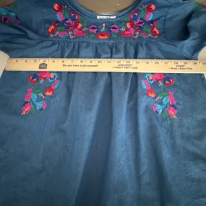 Blue Chambray Floral Embroidered Babydoll Blouse Artsy Boho Folkcore Grandmacore thumbnail 9