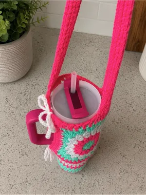 Handmade Stanley Cup PINK Crochet Bag Water Carrier Purse 40oz size - Purse only thumbnail 4