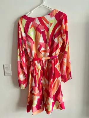 Nicole Miller NY Pleated Mini Dress Size L Multicolor Abstract V-Neck thumbnail 6