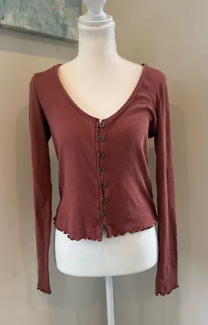 American Eagle Outfitters Rust Ribbed Button-Front Long Sleeve Top Medium thumbnail 1