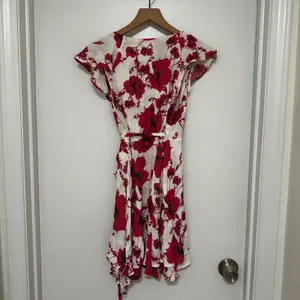 Free People | Women's Red Pink White Floral Ruffle Wrap Mini Dress, Size XS thumbnail 3