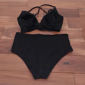 Shade & Shore Black Ribbed Underwire Halter Bikini High Waist Lace Up Set L thumbnail 5