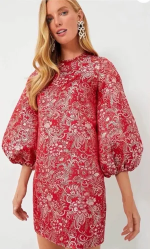 Hyacinth House Tuckernuck Janie Jacquard Mini Dress in Red & Silver thumbnail 1