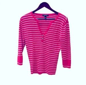 Ralph Lauren Pink White Stripe Knit Henley Knit Top L Preppy thumbnail 5