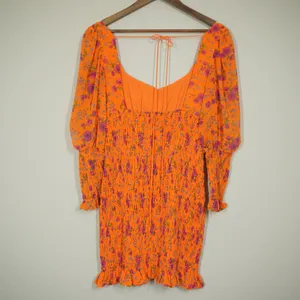 For Love & Lemons Orange Floral Smocked Mini Dress Long Puff Sleeve Sweetheart thumbnail 9