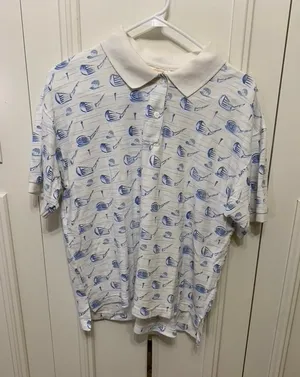 Talbots Women's Polo Shirt Golf Print White‎ Short Sleeve Size Large Casual thumbnail 1