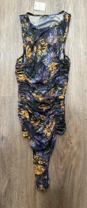 Free People Black Gold Flowered Sheer Stretch Sleeveless‎ Bodysuit Ladies S NWT thumbnail 1
