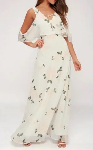 NWT Lulus The Very Thought of‎ You White Pink Floral Ruffle Maxi Dress MEDIUM thumbnail 1