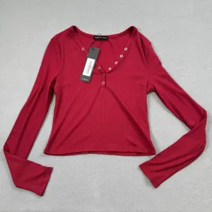NWT S.DEER Ribbed Top Womens L Red Long Sleeve Henley Top Snap Button V Neck thumbnail 1