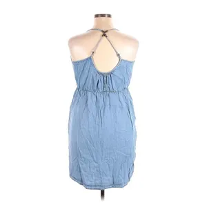 Maurices Light Wash Chambray‎ Halter Dress Beaded T-Back Empire Waist Blue Large thumbnail 2