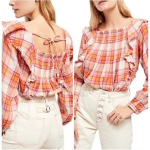 NWT Free People Sienna Plaid Ruffle Long Sleeve Blouse Women's S Prairie‎ Chic thumbnail 7