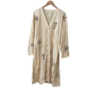 Anthropologie‎ Nautical Embroidered Maxi Dress Cream Seahorse Starfish Small thumbnail 3