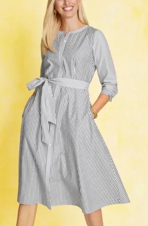 Talbots Shirt Dress Womens 2P Gray White Striped Preppy Cotton Fit Flare Pockets thumbnail 1