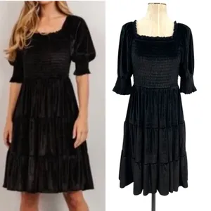 Baltic Born Bliss Smocked Velvet Dress Mini Tiered‎ Black Size Medium thumbnail 2