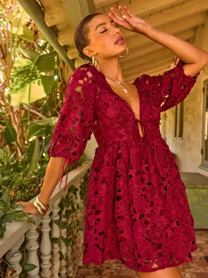 NWOT VICI Paulette Floral Crochet Lace Mini Dres Burgundy thumbnail 3