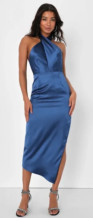 Lulus Blue Satin Halter Asymmetrical Midi Dress Size S thumbnail 1