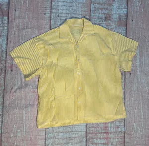 Daily Drills Seersucker Boxy Button Down Shirt Yellow White XS/S thumbnail 2