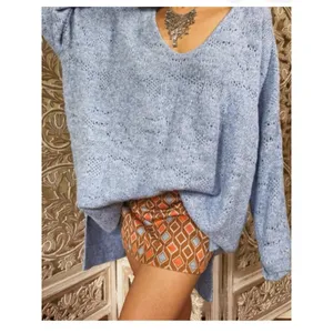 Free People C.O.Z.Y. Pointelle Knit Sweater Sz‎ XS S oversized blue thumbnail 2
