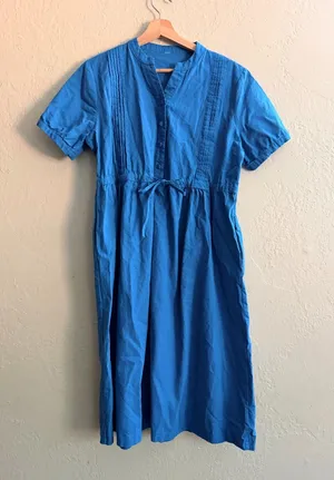 Blue Women's Cotton Midi Dress with Waist Tie thumbnail 1