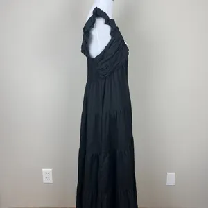 Jason Wu‎ Maxi Dress Womens Large Black Tiered Linen Blend Pleated A-Line L FLAW thumbnail 7