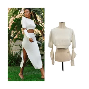 House of CB Tatum Crop Sweater Ivory Cutout‎ Sleeve Rib Knit Top Small thumbnail 2