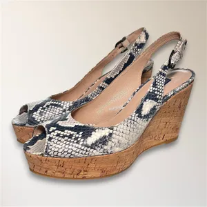 Stuart Weitzman 7.5 Snake Print Embossed Cork‎ Wedge Slingback Peep Toe Sandals thumbnail 2