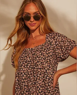 Aletta Flowy Babydoll Dress Sz Med Mini Black Floral Puff Short Sleeve NWT thumbnail 2
