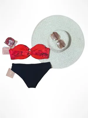 Shade & Shore Red Floral Bandeau Bikini with Black Bottoms thumbnail 3