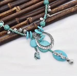Blue and silver beaded necklace with turquoise stones thumbnail 3