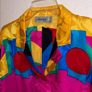 Vintage Adrianna Papell Bright Short Sleeve Silk Blouse Vibrant Blouse Retro thumbnail 4