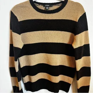 vintage 90s fall wool chocolate brown tan J.Crew Striped Sweater Elbow Patch Black thumbnail 4
