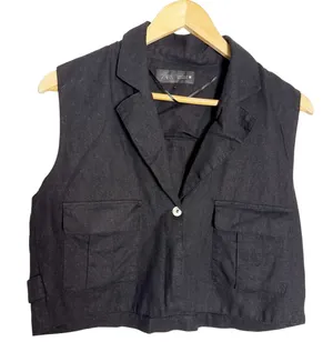 Zara Black Linen Cropped Sleeveless Collared Button Blazer Vest Size Small thumbnail 1