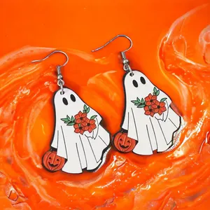 White Ghost Pumpkin Pattern Dangle Halloween Earrings‎ Wooden Jewelry thumbnail 7
