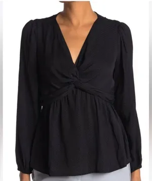Anthropologie Pleione Twist Front Black Blouse SZ Medium Satin Long sleeve thumbnail 1