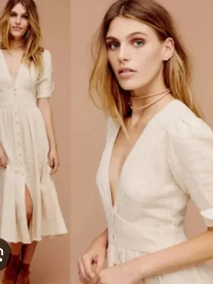 Free People Cream Button-Down V-Neck Midi Dress Large thumbnail 2