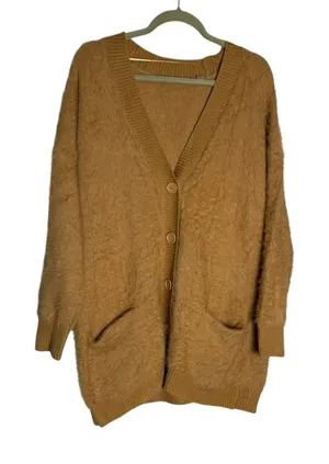 Tahari Camel Fuzzy Long Sleeve‎ Oversized V Neck Button Front Cardigan Sweater thumbnail 1
