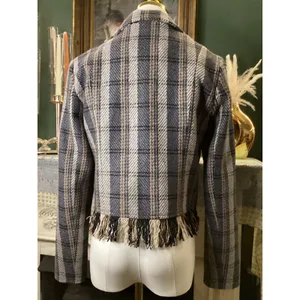 OAT New York Women Small Grey Plaid Cropped Fringe Hem Jacket 9057-GQ thumbnail 3