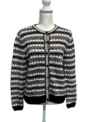 Talbots Cardigan Sweater Medium‎ Black White Gray Textured Knit Button Front thumbnail 1