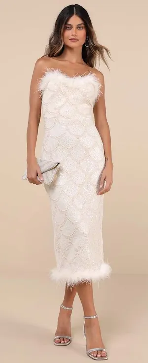 Lulus Uniquely Confident Cream Lace Feather Strapless Midi Dress Cocktail L NWT thumbnail 1