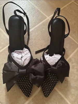 Black Studded Pointed Slingback Heels with Satin Bow Size 8.5 thumbnail 1