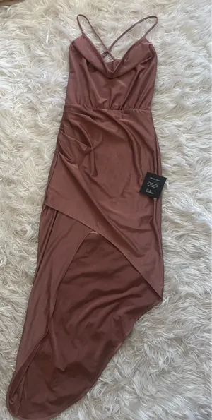 Lulus XS Brown Satin Polyester Cowl Neck Slip Maxi Dress Asym Hem Slit thumbnail 2